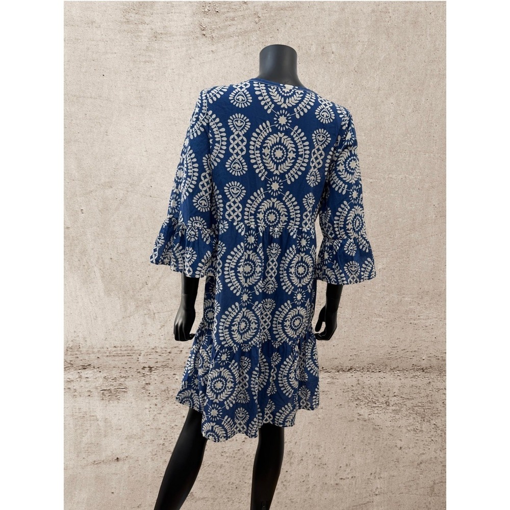 Saiph Lab Italy Blue Boho Cotton Dress L Tiered V Neck Peasant - Picture 5 of 10